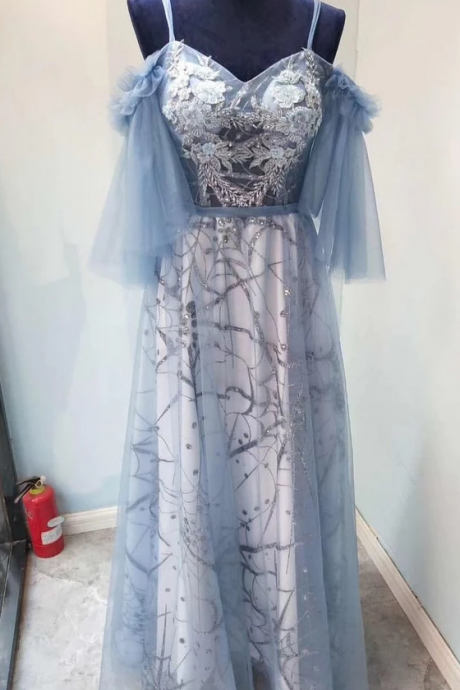 Fairy Blue Sheer Applique Off-the-shoulder Prom Dress,pl3051