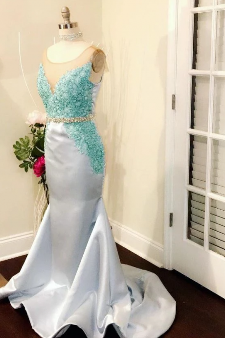 Mermaid Appliques Prom Dress, Beading Belt Evening Dresses,pl3054