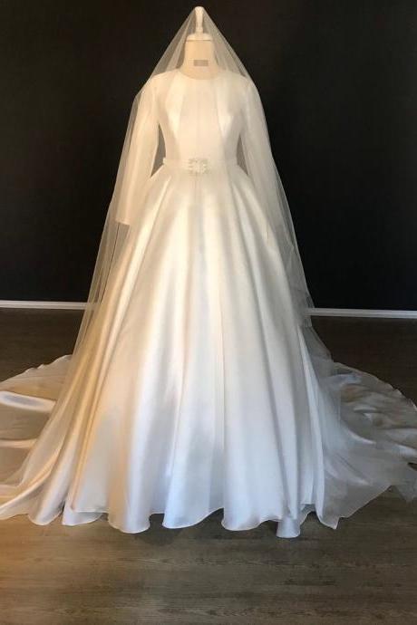 Minimalist Wedding Dress, Long Sleeve ,mikado Silk Wedding Dress, Ball Gown Wedding Dress With Crsytal Belt Details. Made To Measure,pl3062