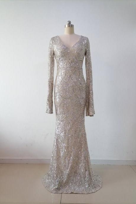 Women Long Party Prom Dress Gown Mermaid Long Evening Dress Formal Party Dress Bridal Gown V Neck Long Sleeves Sequins Homecoming Dress,pl3068