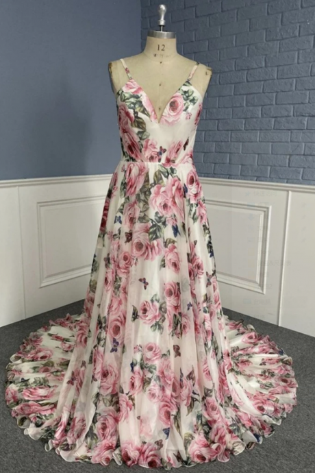 Stylish V Neck Backless Floral Pattern Long Prom Dress, V Neck Floral Pattern Formal Evening Dress,pl3076