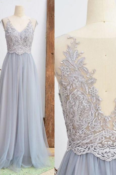 Lace Bridesmaid Dress Dusty Grey Wedding Party Dress Vintage Tulle Women Dress Long Prom Dress 2021 A Line Floor Length Mesh Dress,pl3079