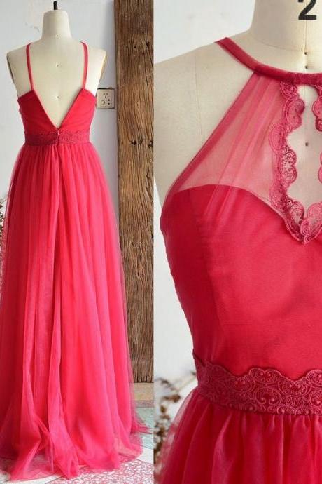 Red Colored Bridesmaid Dress Halter Neckline Open Back Tulle Prom Dress Long 2021,floor Length Bride Party Formal Dress Custom Plus Size,pl3088