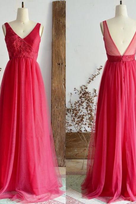 Red Bridesmaid Dress Long Tulle Prom Dress Lace V Neck And V Back ,custom Floor Length Wedding Party Dress Formal Dress Maxi Dress,pl3089