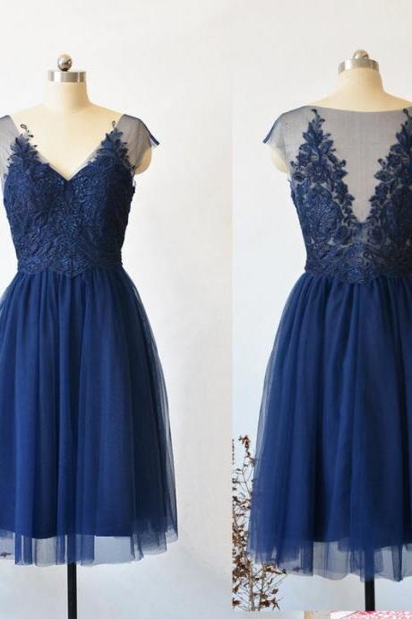 Short Bridesmaid Dress, Plus Size Short Prom Dress, Custom Navy Blue Wedding Party Dress Lace With Soft Tull Women Maxi Dress Formal Dress,pl3090