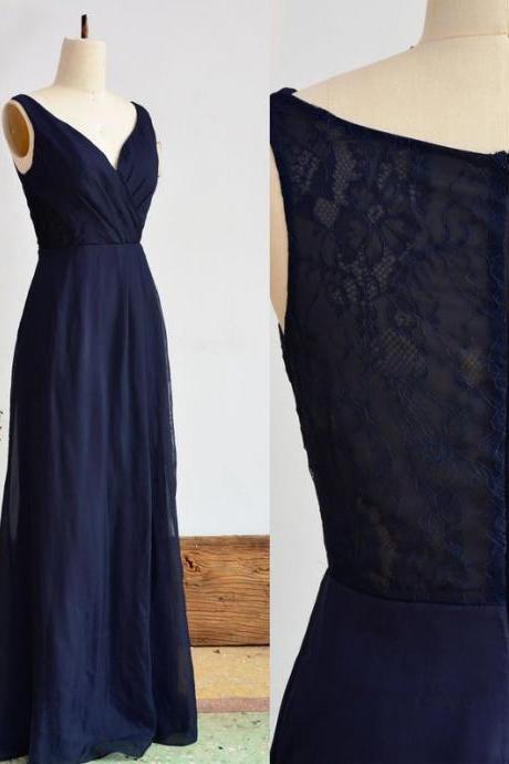 Long Bridesmaid Dress Dark Navy V Neck With Split And Lace Back Navy Blue Chiffon Wedding Guest Dress Long Prom Dress Evening Gown,pl3091