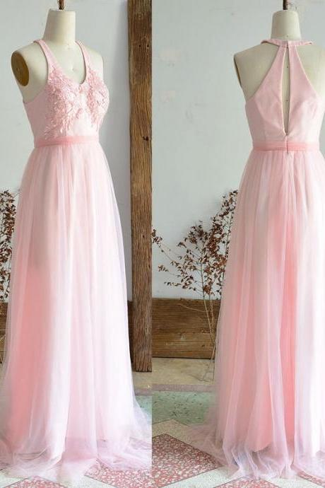 Pink Tulle With Lace Bridesmaid Dresses Long Appliques Prom Dress A-line Floor Length Customize Evening Gowns,pl3092