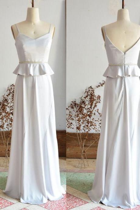 Silver Long Bridesmaid Dress With Bead Belt Custom Weeding Party Dress Spaghetti Strap Women Evening Prom Dress,pl3093