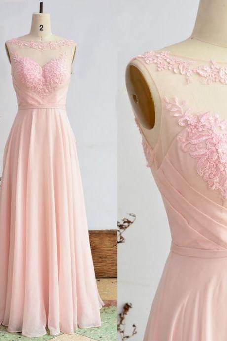 Blush Bridesmaid Dress Long Pink Chiffon Prom Dress, Boat Neck Wedding Dress, A-line Lace Party Dress Maxi Women Dress,pl3096
