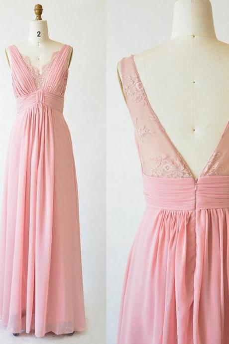 Pink Bridesmaid Dress Long Chiffon Prom Dress, Lace Back With Chiffon Skirt Wedding Dress, A-line Party Dress Maxi Women Dress,pl3104