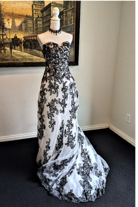 White Applique Mermaid Black Prom Dress,pl3112