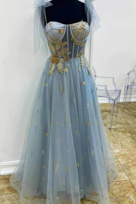 A-line Blue And Gold Appliqed Long Formal Dress Prom Dress,pl3113