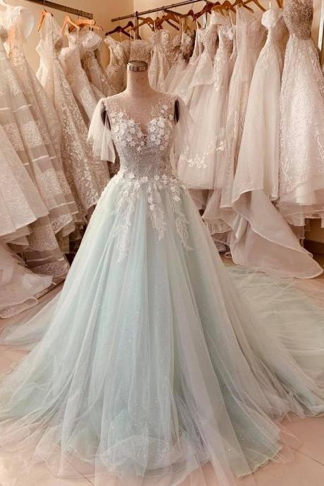 Pastel mint green floral lace flutter sleeve ball gown wedding dress with court train & glitter tulle,PL3119