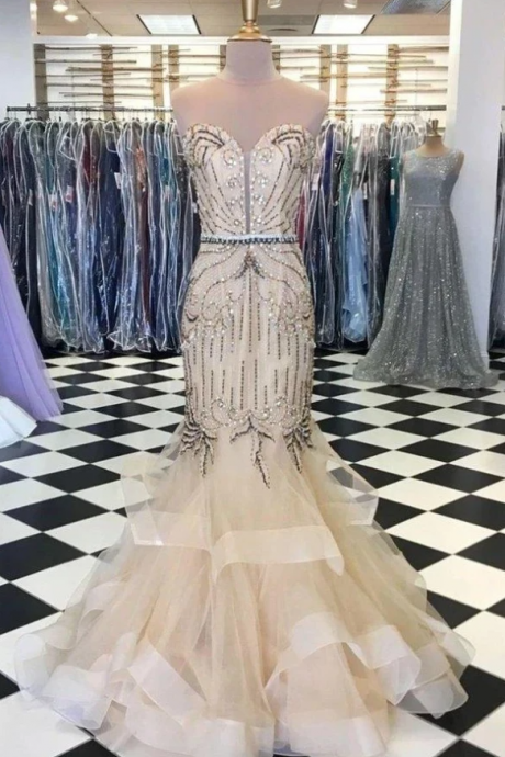 Elegant Sweetheart Tulle Beaded Long Mermaid Prom Dresses Formal Dresses,pl3130
