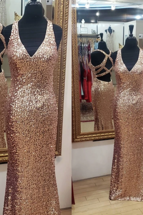 Mermaid Rose Gold Sequins Evening Dress,pl3138