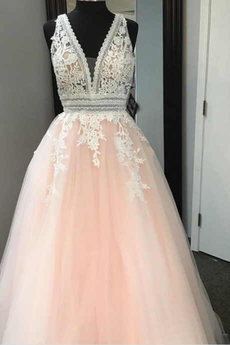 A-line Pink And White Lace Long Prom Gown,pl3145