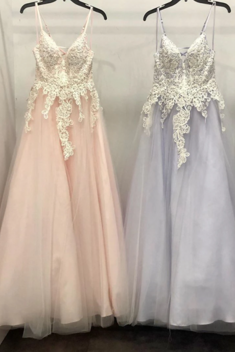Straps Pink And White Lace Long Prom Gown,pl3146