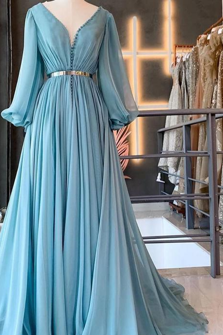 Smoky Blue Prom Dresses Long Sleeve V Neck Simple Chiffon Elegant Prom Gown,pl3149