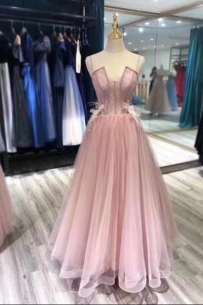 Charming Tulle Straps Long Formal Gown, Pink Elegant Party Dress,pl3155