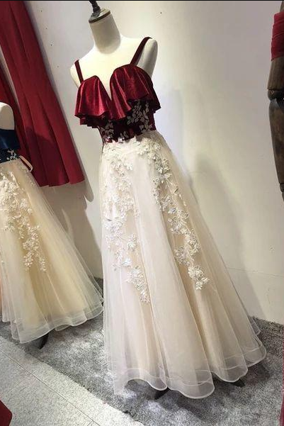 Charming Straps Tulle Velvet And Tulle Party Dress, Handmade Formal Gown Prom Dress 2021,pl3156