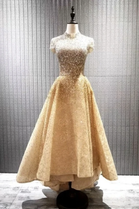 Gold Beads High Low Prom Dress Formal Dress,pl3159