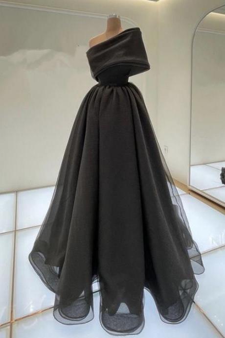 Elegant Black Organza Prom Dresses One Shoulder,pl3161