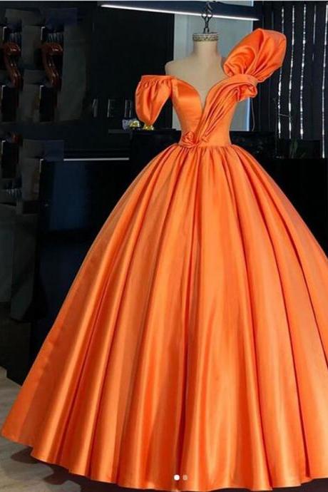 Orange Satin Puffy Prom Dresses Vintage Pleated 3d Flower Long Prom Gowns Plus Size Formal Party Dress,pl3163