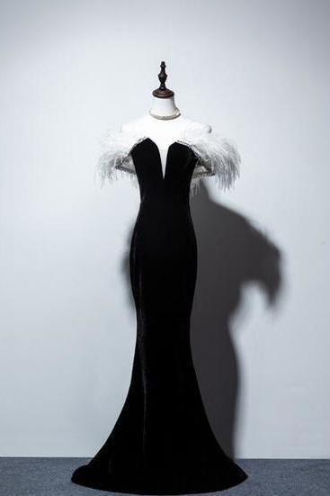 Fashion Feather Black Velvet Off The Shoulder Long Prom Dresses,elegant Mermaid Lace Up Evening Dresses,pl3176