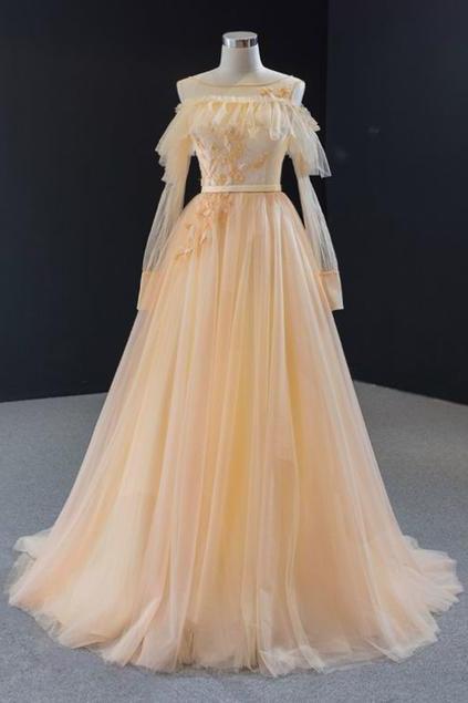 A-line Champagne Tulle Long Sleeve Prom Dress,pl3177