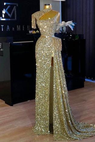Sequined Straight Prom Dresses High Neck Tassels Sexy High Side Split,pl3180