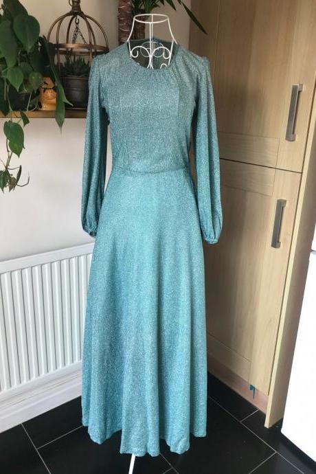 Vintage Dress Shimmer Blue Maxi Dress 70s Boho Party Occasion Dress,pl3183