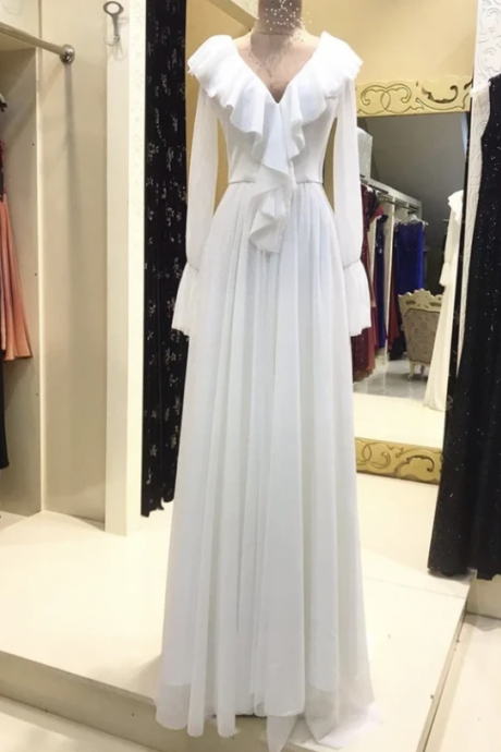 White Long Sleeve Prom Dress Evening Dress,pl3191