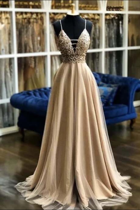 Champagne Tulle Beads Prom Dress Formal Dress,pl3192
