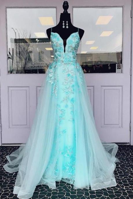 Blue Tulle Lace Long Prom Dress Evening Dress,pl3195