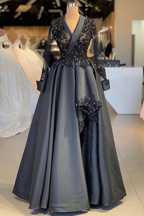 Dark Gray Satin Arabic Style Women Evening Dress, Prom Dress With Sleeve,pl3198