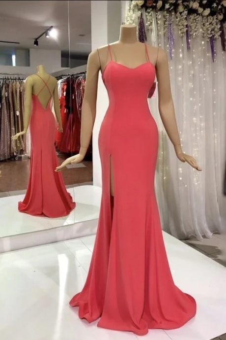 Spaghetti Straps Red Long Prom Dress Mermaid Slit Evening Dress,pl3199