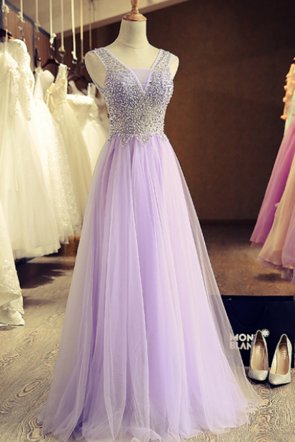 Charming Prom Dress,light Purple Tulle Prom Dresses,sleeveless Evening Dress ,pl3216