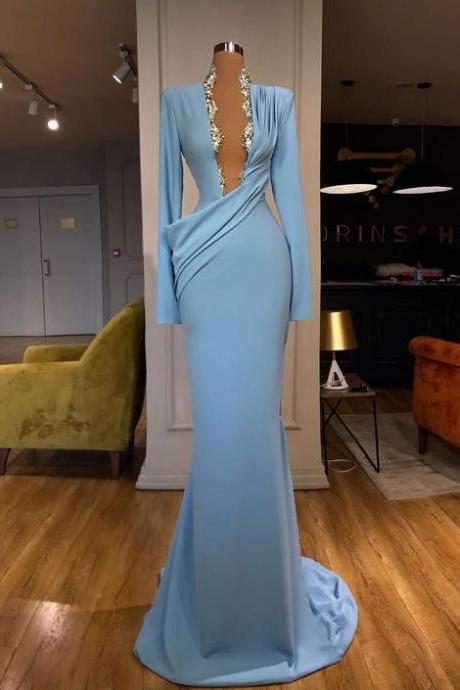 Blue Evening Dress, Deep V Neck Evening Dress, Lace Applique Evening Dress, Modest Evening Dress,pl3218