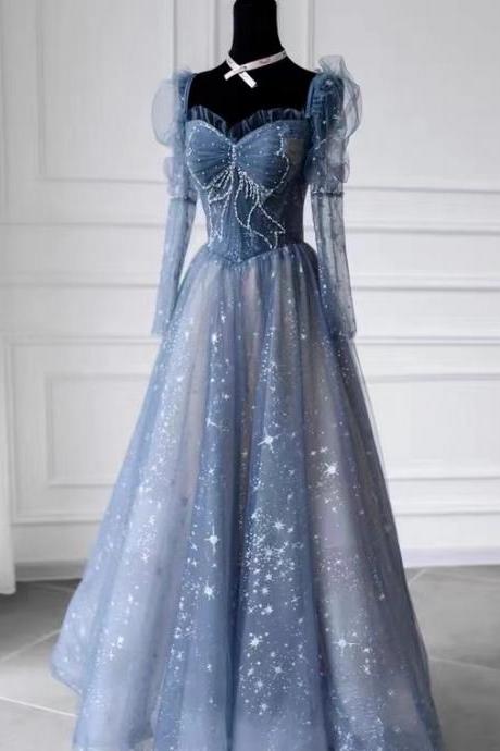 Unique,long Sleeve Prom Dress,frozen Blue Dress, Temperament Evening Dress,princess Dress,custom Made,pl3226