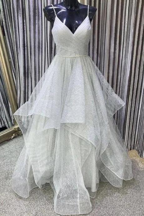 Spaghetti Straps Shiny Long Prom Dresses, Elegant A-line Prom Dresses, 2021 Prom Dresses,pl3232