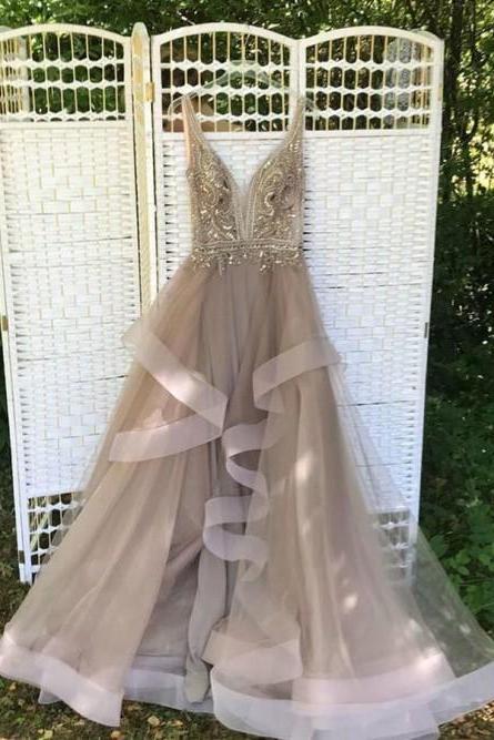 Delicate V-neck Grey Sleeveless Prom Dress With Beading. Pl3233