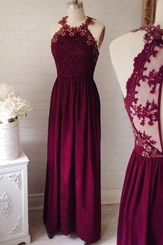 Burgundy A-line Lace Chiffon Long Prom Dress, Lace Evening Dresses,pl3235