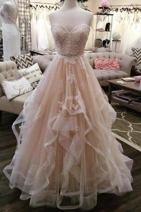 Light Pink Tulle Lace Long Prom Dress, Evening Dress. Pl3238