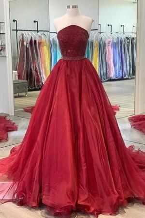 Charming A Line Strapless Burgundy Long Prom/evening Dress With Beading,pl3240