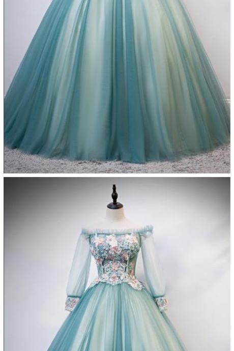 Unique Green Tulle Long Sleeve Strapless Formal Prom Dress, Evening Dress ,pl3251