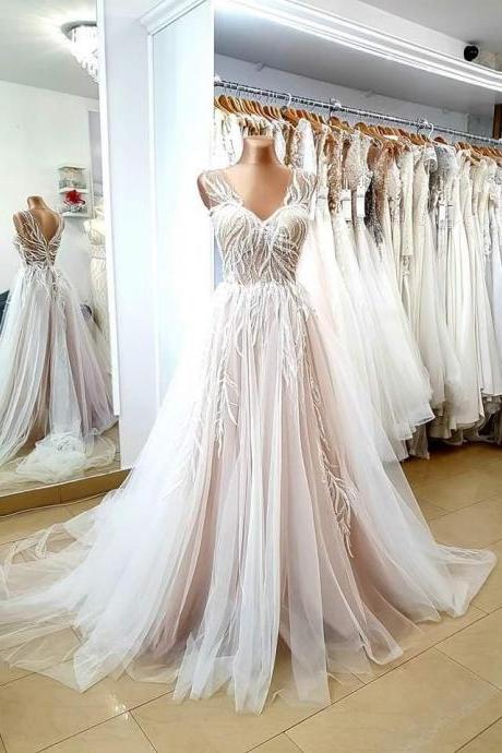 A-line Sleeveless Tulle Lace Appliques Wedding Prom Dress,pl3277