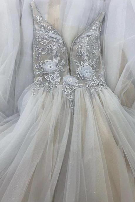 A Line V Neck Tulle Long Prom Dress Formal Dress,pl3279