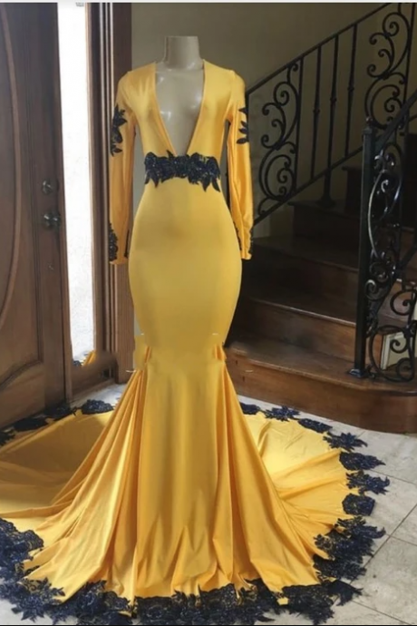 2021 Deep V-neck Long Sleeve Mermaid Prom Dresses,pl3281