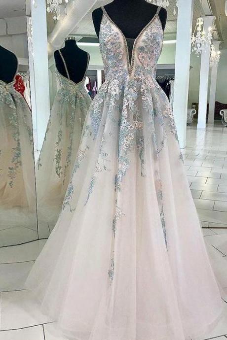 Gorgeous A Line V Neck White Prom Dresses Embroidery Evening Dresses,pl3285