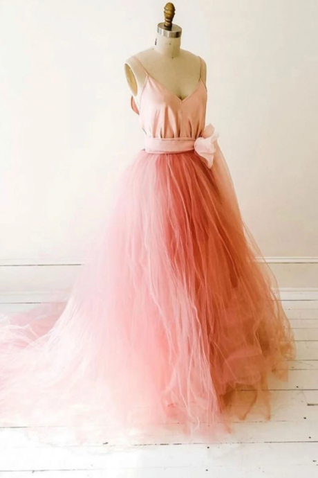 Tulle Princess Long Prom Dress, A-line V-neck Formal Gown,pl3289